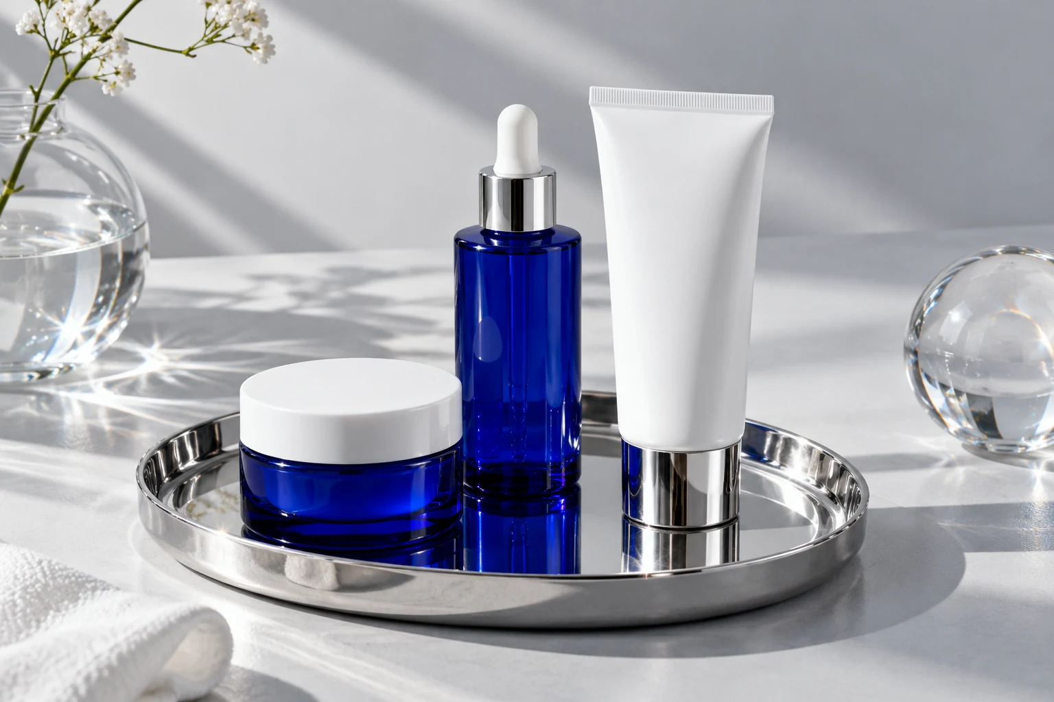 Cobalt blue skincare packaging on a polished silver tray