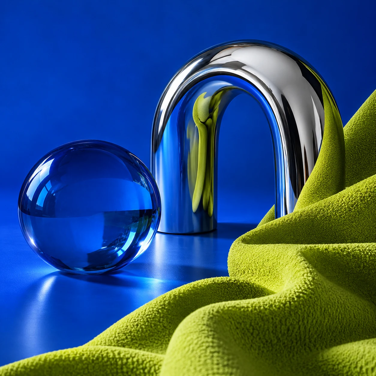 Blue, chrome and lime material detail used as a small brand content tile